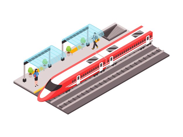 Ilustración isométrica del transporte público de la ciudad con tren de alta velocidad y personas en la plataforma 3d