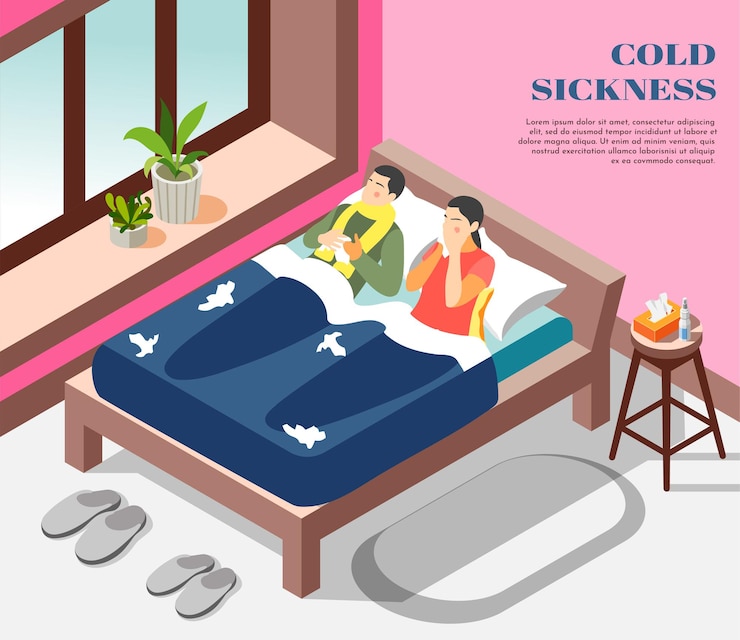 Vector gratuito ilustración isométrica del tratamiento de la gripe de la enfermedad del resfriado con el sufrimiento de la gripe que gotea pareja en la cama