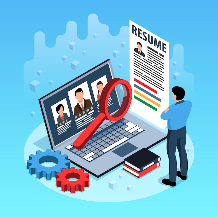 Vector gratuito ilustración isométrica de vacante de trabajo con gerente de recursos humanos mirando en la pantalla de la computadora portátil con el currículum de la ilustración vectorial de los solicitantes