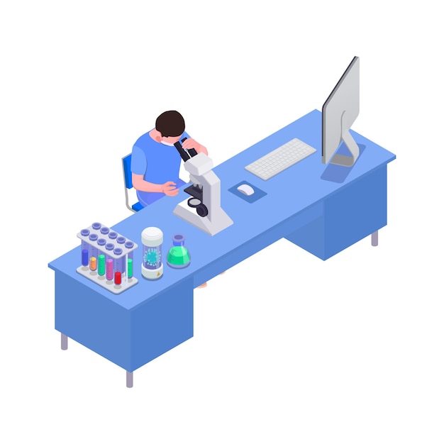 Ilustración isométrica de vacunación con hombre que trabaja en laboratorio 3d