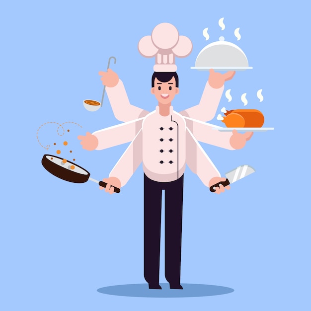 Ilustración de joven chef multitarea