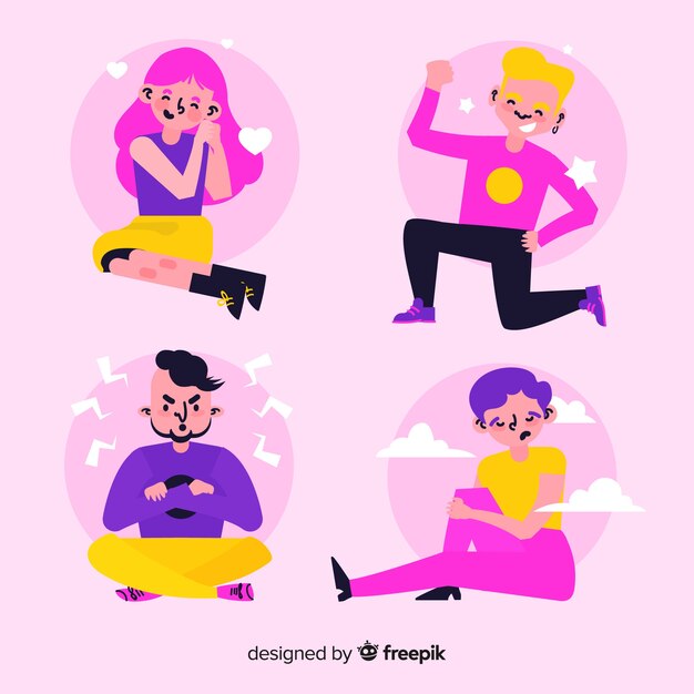Ilustración de jóvenes con diferentes emociones.