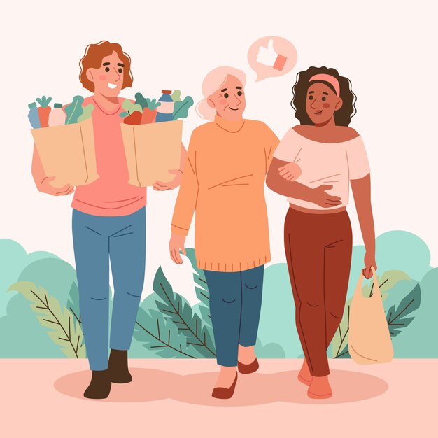 Ilustración de jóvenes de diseño plano que ayudan a los ancianos