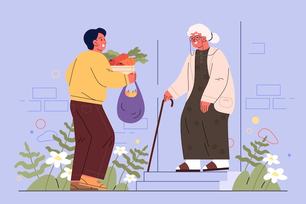 Ilustración de jóvenes de diseño plano que ayudan a los ancianos