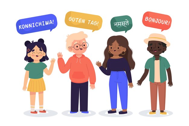 Ilustración de jóvenes hablando en diferentes idiomas colección