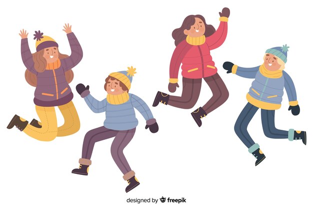 Ilustración de jóvenes saltando mientras usan ropa de invierno
