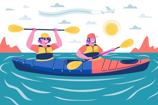 Ilustración de kayak de personas dibujadas a mano