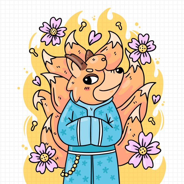 Ilustración kitsune dibujada a mano