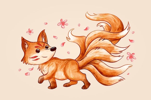 Ilustración kitsune dibujada a mano