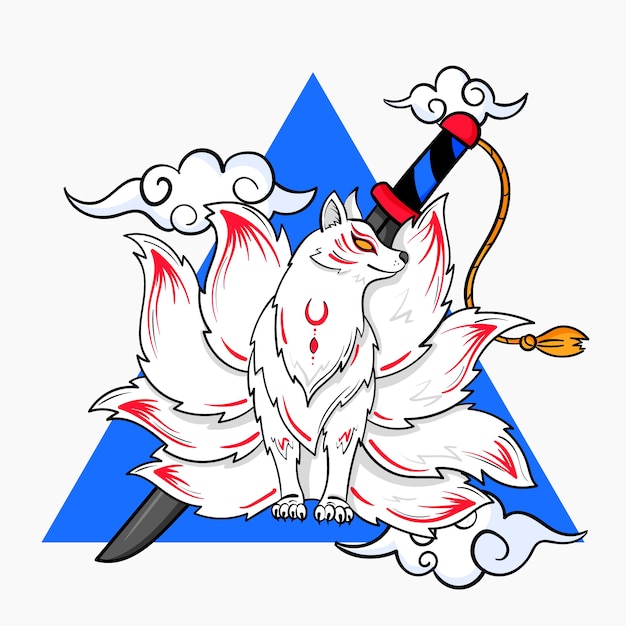 Ilustración de kitsune de diseño plano dibujado a mano