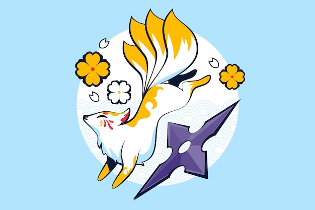 Ilustración de kitsune de diseño plano dibujado a mano