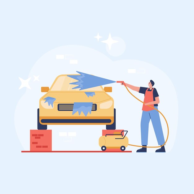 Ilustración de lavado de coches. Un hombre lava el coche con agua y jabón mediante una bomba de alta presión. Ilustración en estilo plano