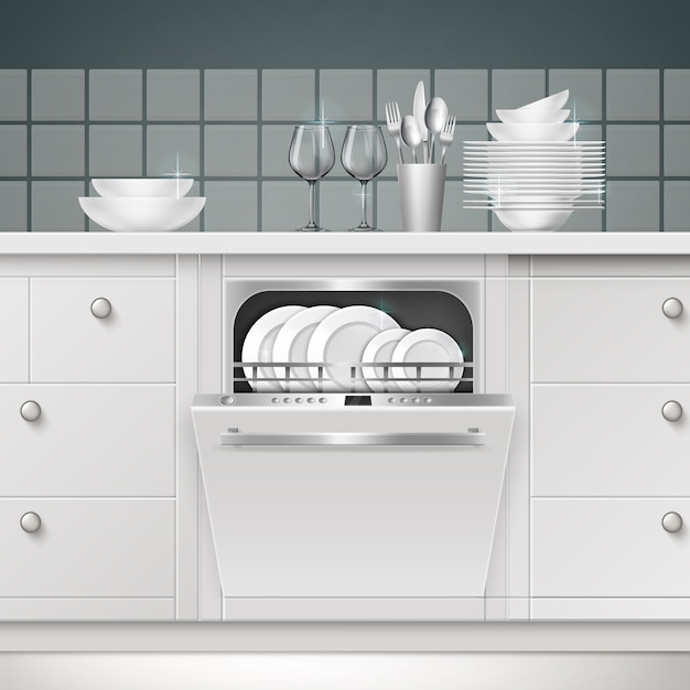 Ilustración de lavavajillas empotrado con puerta abierta y utensilios limpios en una cocina