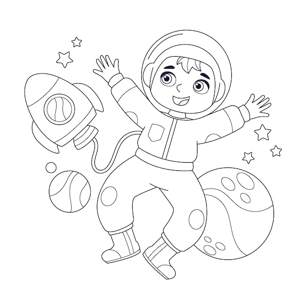 Ilustración de libro para colorear de astronauta dibujado a mano
