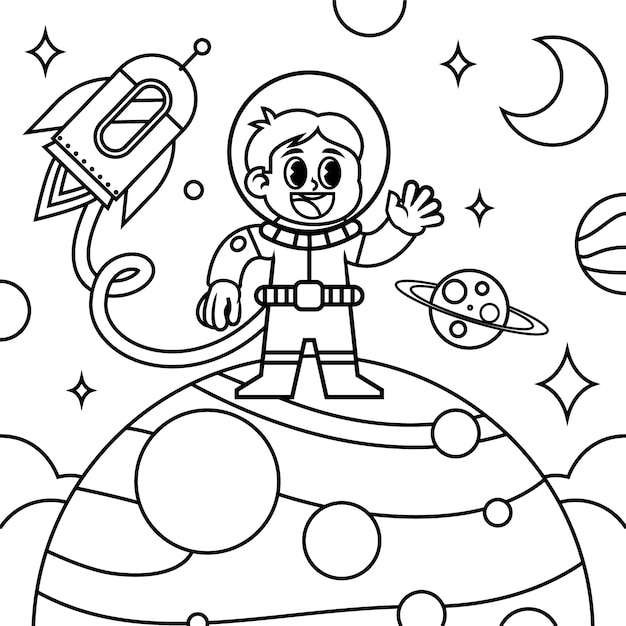 Ilustración de libro para colorear de astronauta dibujado a mano
