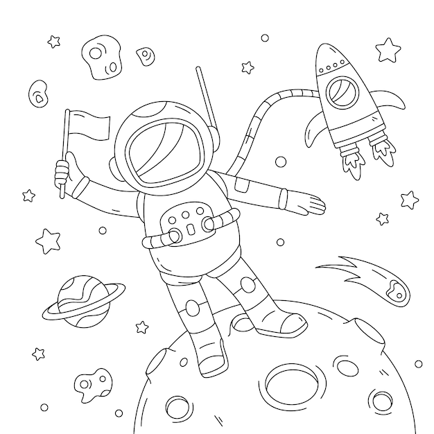 Ilustración de libro para colorear de astronauta dibujado a mano