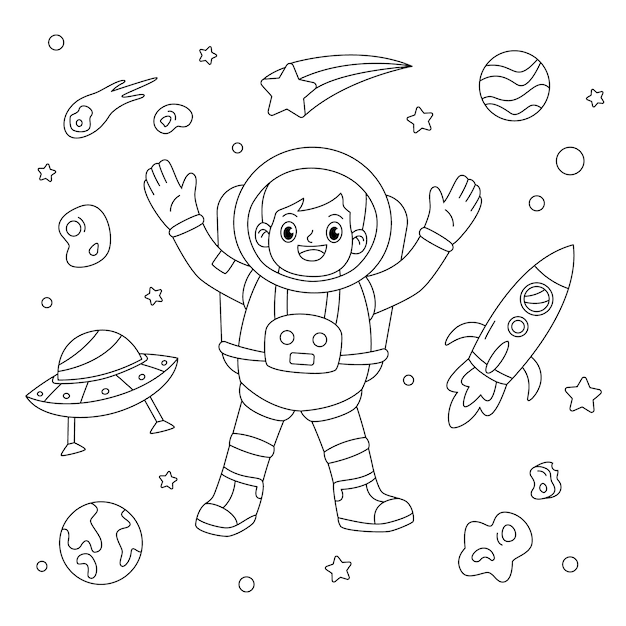 Ilustración de libro para colorear de astronauta dibujado a mano