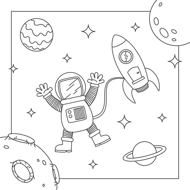 Ilustración de libro para colorear de astronauta dibujado a mano