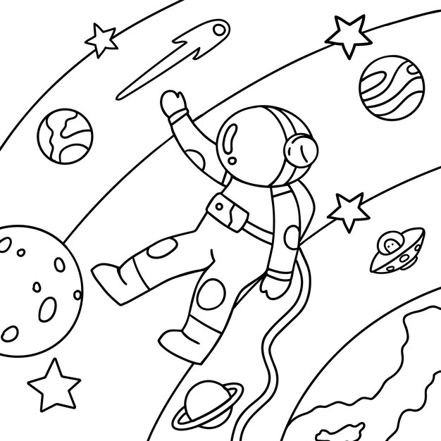 Ilustración de libro para colorear de astronauta dibujado a mano