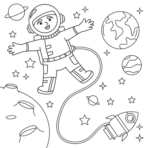 Ilustración de libro para colorear de astronauta dibujado a mano