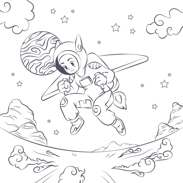 Ilustración de libro para colorear de astronauta dibujado a mano