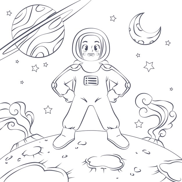 Ilustración de libro para colorear de astronauta dibujado a mano