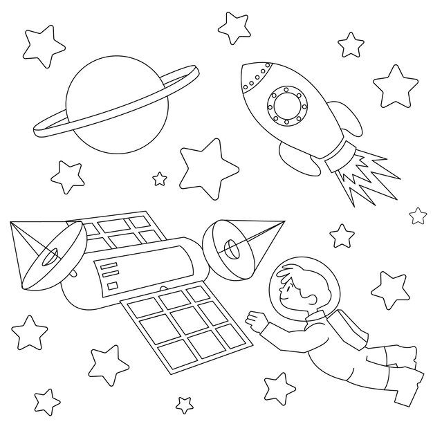 Ilustración de libro para colorear de astronauta dibujado a mano