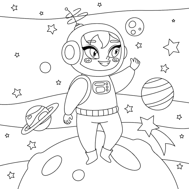 Ilustración de libro para colorear de astronauta dibujado a mano