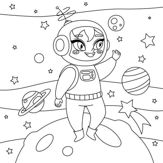 Ilustración de libro para colorear de astronauta dibujado a mano