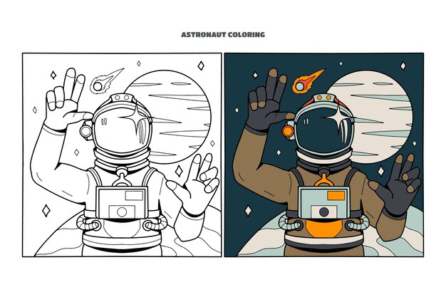 Ilustración de libro para colorear de astronauta dibujado a mano