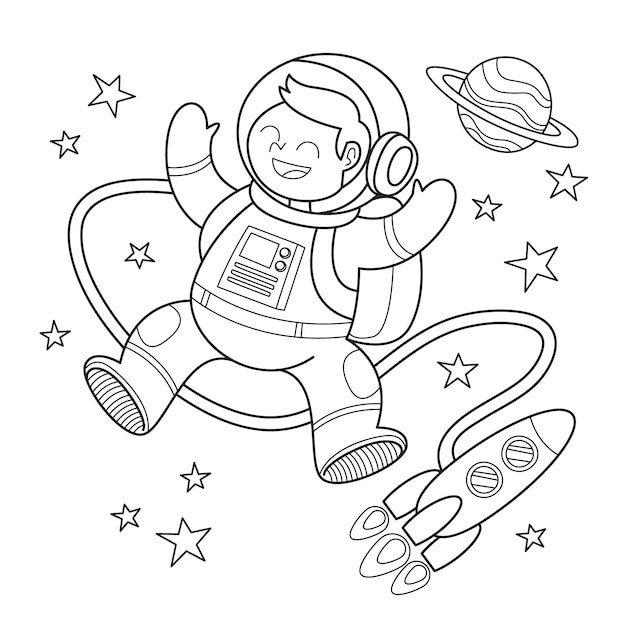 Ilustración de libro para colorear de astronauta dibujado a mano