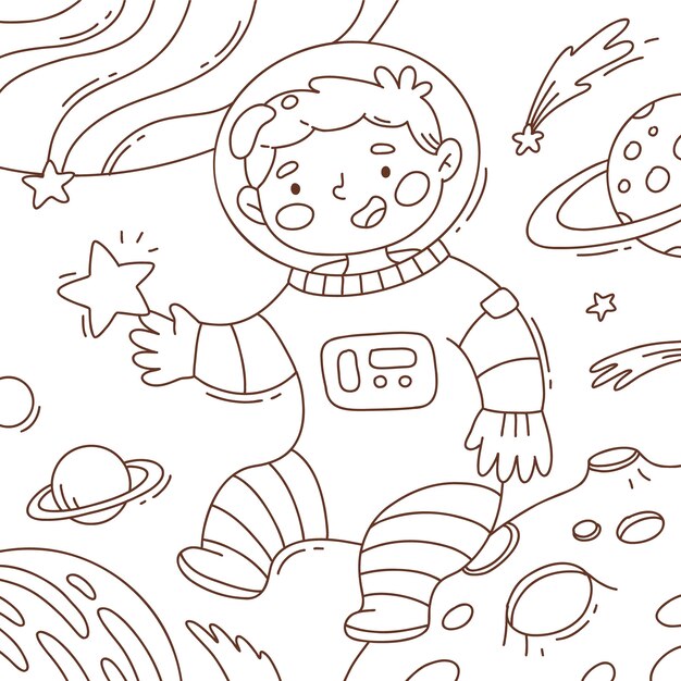 Ilustración de libro para colorear de astronauta dibujado a mano