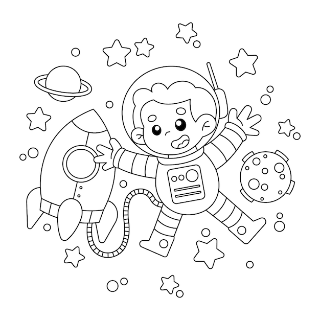 Ilustración de libro para colorear de astronauta dibujado a mano
