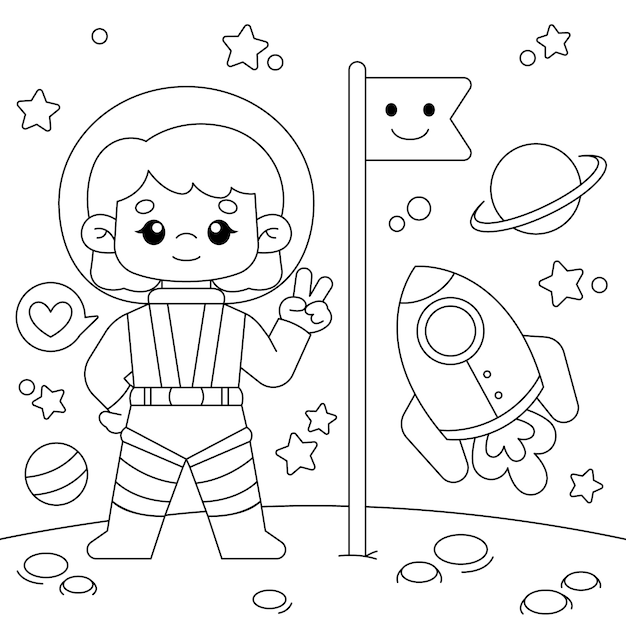 Ilustración de libro para colorear de astronauta dibujado a mano