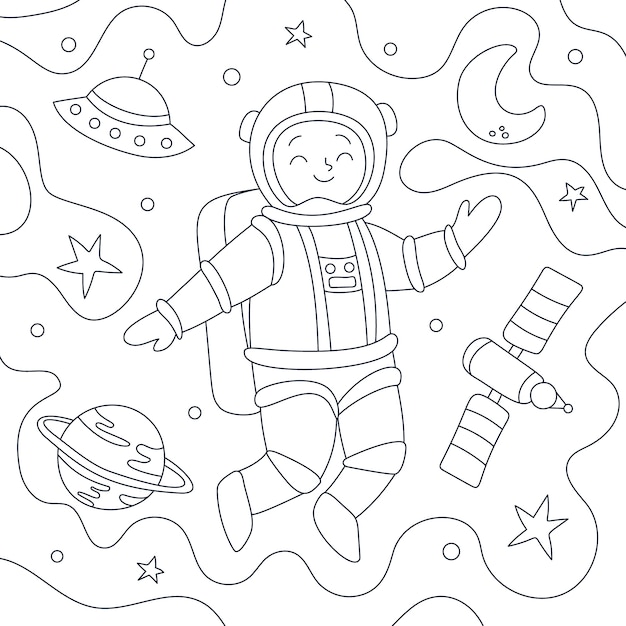 Vector gratuito ilustración de libro para colorear de astronauta dibujado a mano