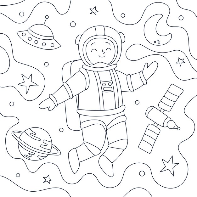 Ilustración de libro para colorear de astronauta dibujado a mano