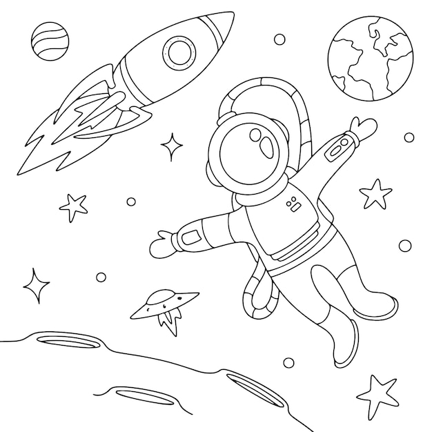 Ilustración de libro para colorear de astronauta dibujado a mano