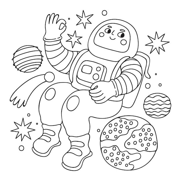 Ilustración de libro para colorear de astronauta dibujado a mano