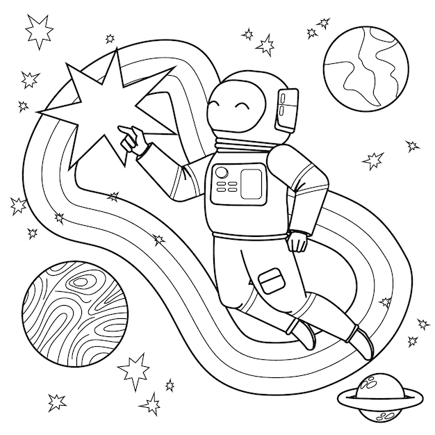 Ilustración de libro para colorear de astronauta dibujado a mano