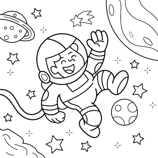 Ilustración de libro para colorear de astronauta dibujado a mano
