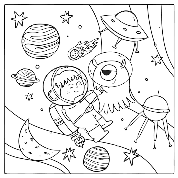 Ilustración de libro para colorear de astronauta dibujado a mano