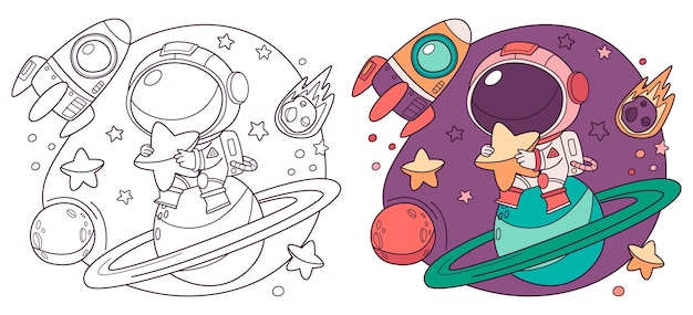 Ilustración de libro para colorear de astronauta dibujado a mano