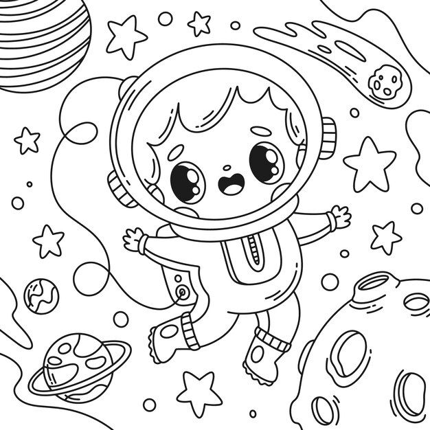 Ilustración de libro para colorear de astronauta dibujado a mano