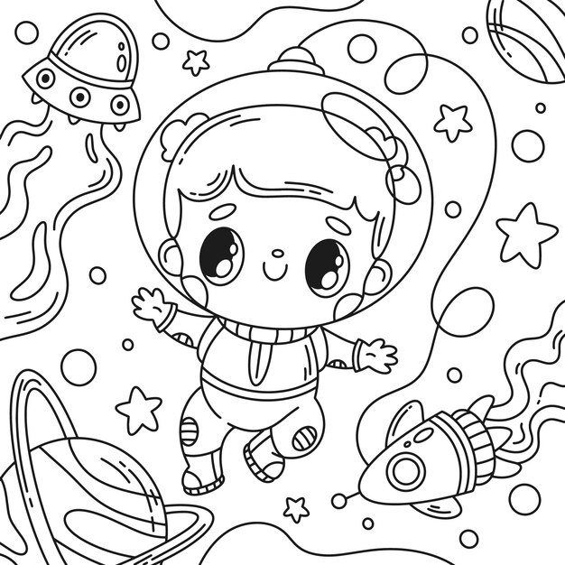 Ilustración de libro para colorear de astronauta dibujado a mano