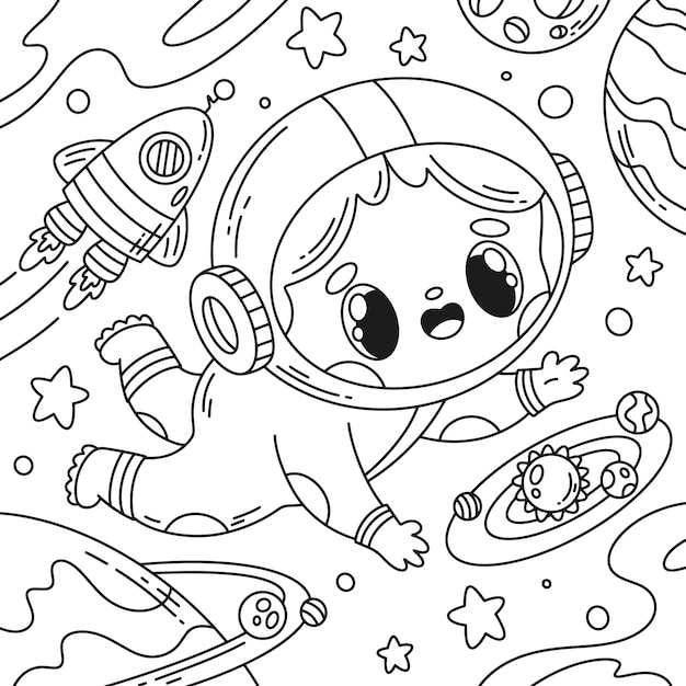 Ilustración de libro para colorear de astronauta dibujado a mano