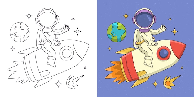 Ilustración de libro para colorear de astronauta dibujado a mano