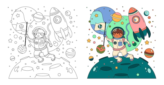 Ilustración de libro para colorear de astronauta dibujado a mano