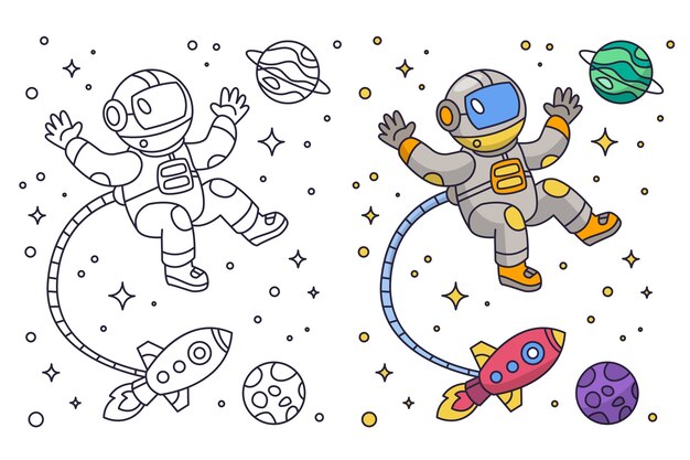 Ilustración de un libro de colorear de astronautas dibujado a mano