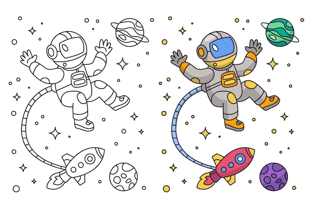 Ilustración de un libro de colorear de astronautas dibujado a mano