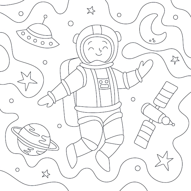 Ilustración de un libro de colorear de astronautas dibujado a mano